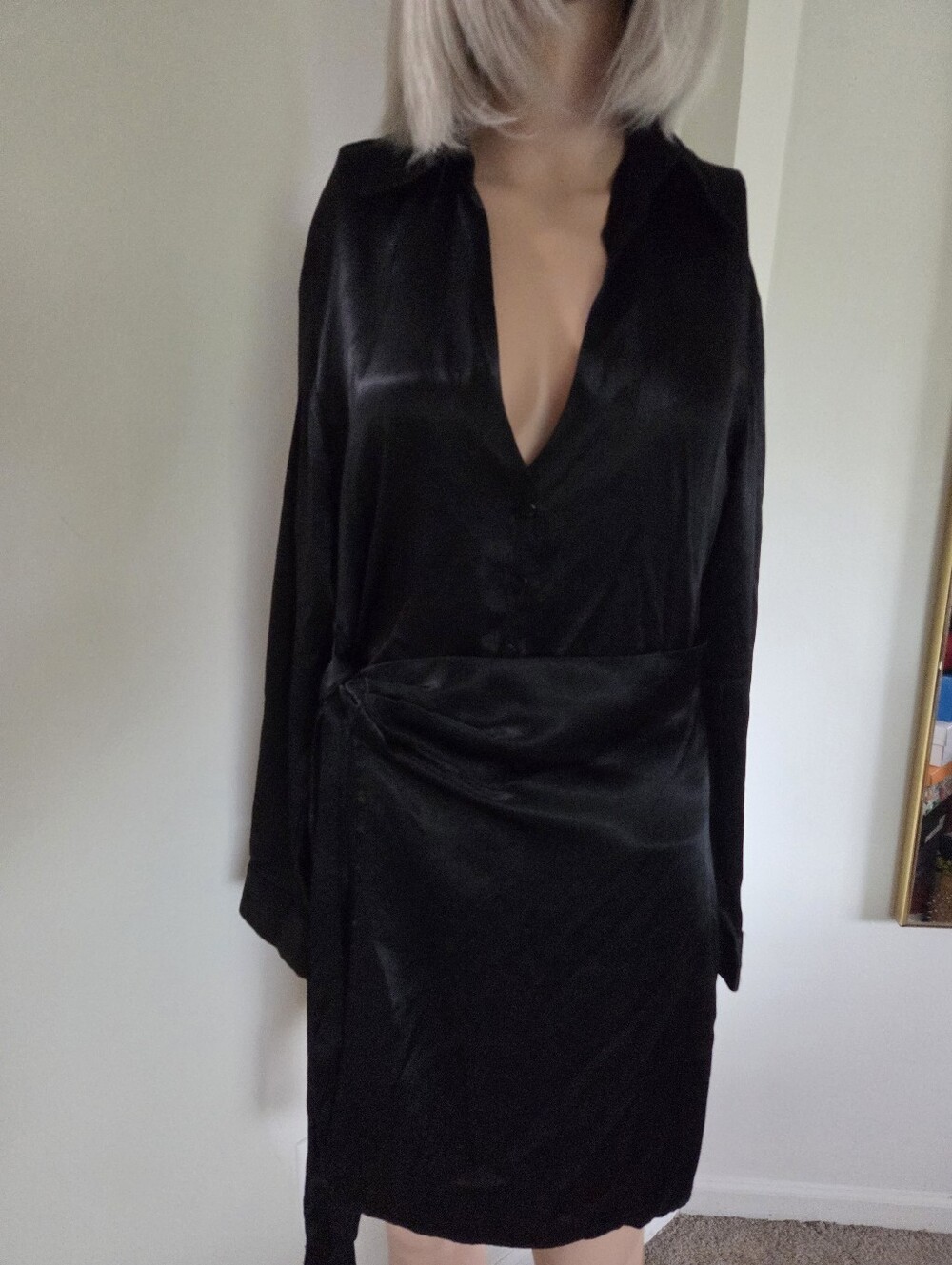 ZARA Black Satin Wrap Dress Long Sleeve Size Medium